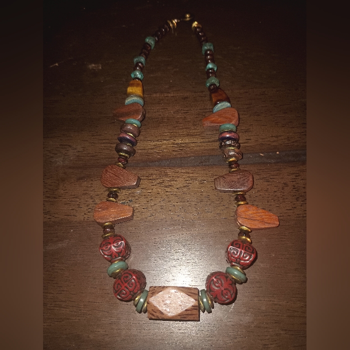 Unsigned Beaded Wooden Tiger Eye Glass Beaded Necklace